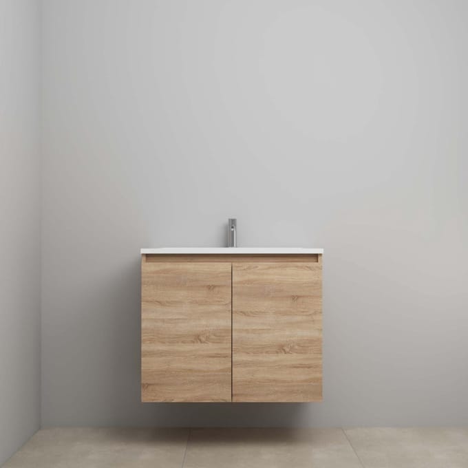 On-Line Onderkast - 80 cm - Voorgemonteerd - Greeploos 2 Deuren - Acryl Wastafel - 1 Kraangat - Eiken