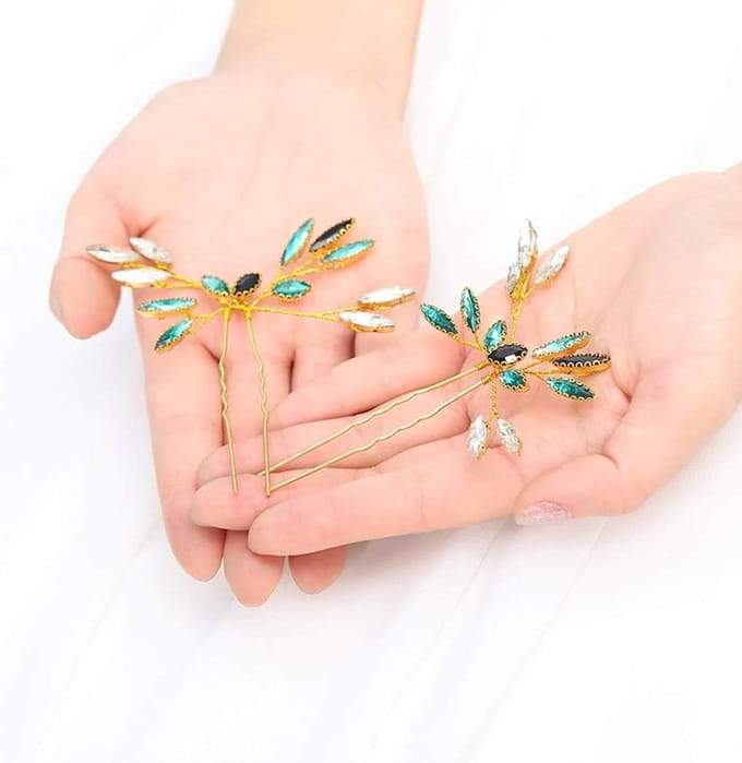Set van 2 Groene Kristal Bruidshaarspelden - Gouden Bruids Haaraccessoires