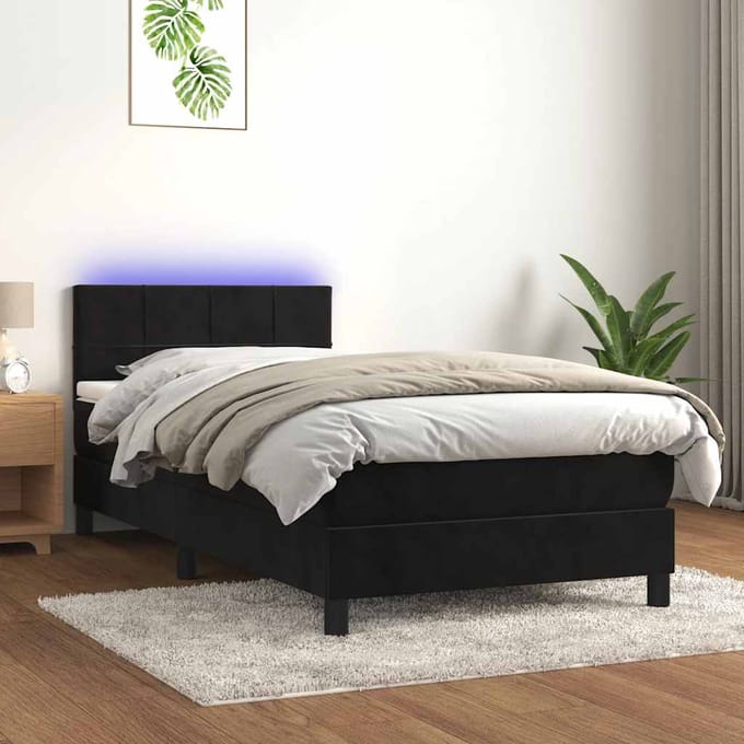 vidaXL - Boxspring - met - matras - en - LED - fluweel - zwart - 90x190 - cm