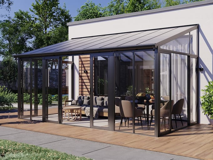 Vente-unique Veranda in aluminium en polycarbonaat met uv-bescherming - 15,8 m² - Antraciet - MATHILDA