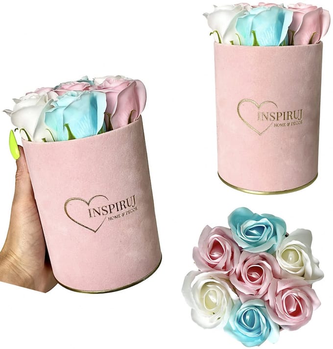 Inspiruj - Flowerbox Met Zeep Rozen - Niebiesko-Różowy