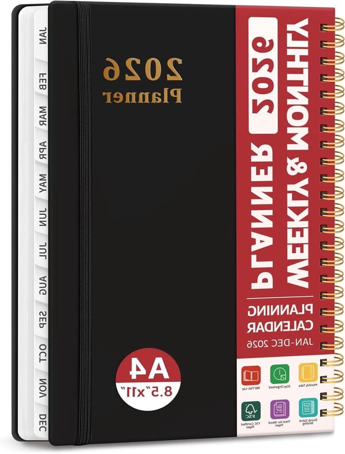 2026 Planner - Week en Maandplanner - Jaar Plannen - Hardcover met Tabbladen - A4 Formaat - Zwart