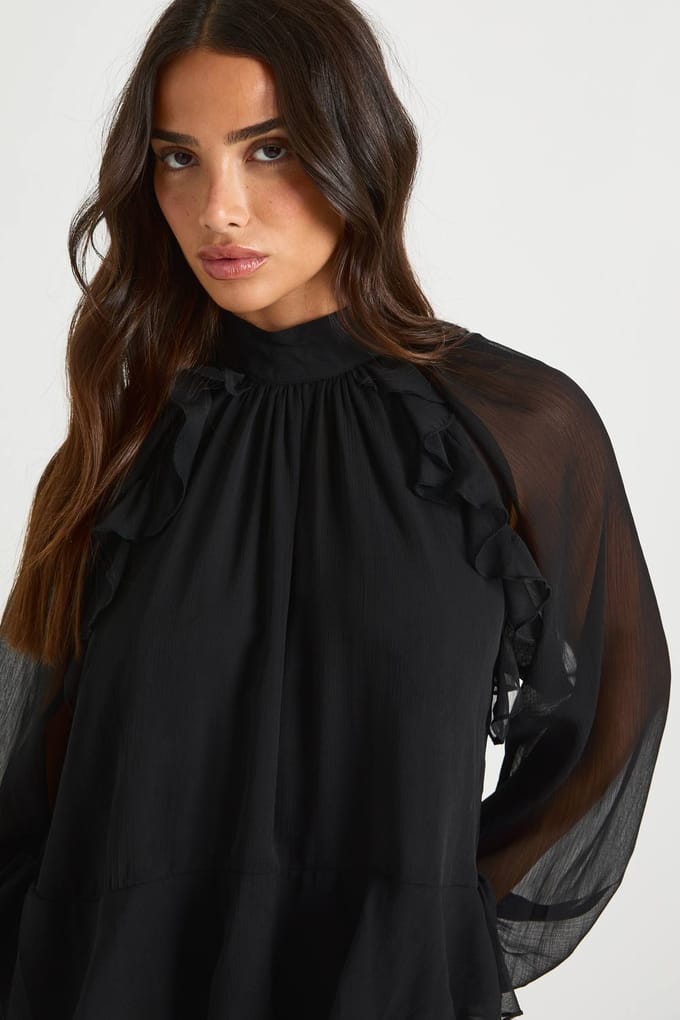 boohoo Dames Petite chiffon jurk met ruches | Black | Maat: 10