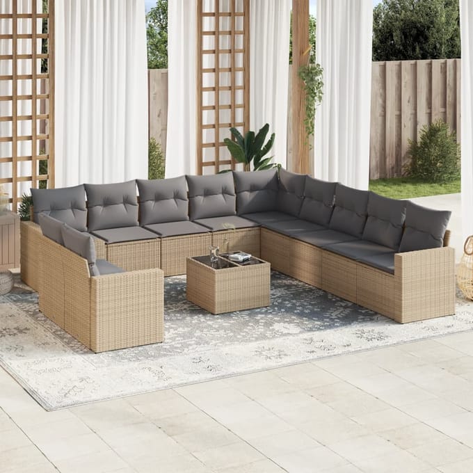 vidaXL - 12-delige - Loungeset - met - kussens - poly - rattan - beige