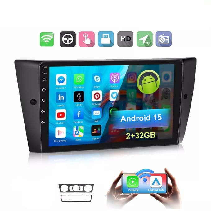 ESSGOO Autoradio met bluetooth - voor BMW 3 serie E90 E91 E92 E93 2005 t/m 2013 - Draadloos Apple Carplay & Android auto - 2GB + 32GB - Bluetooth & Wifi - FM Navigatie - Android 15