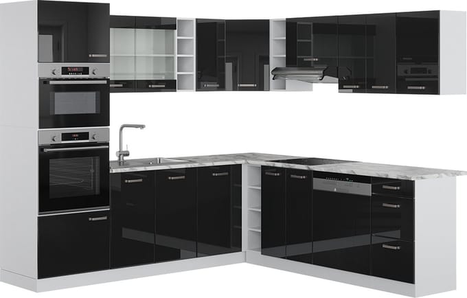 Vicco Hoekkeuken R-Line, Zwart hoogglans/Wit, 247 x 237 cm, WB Marmer