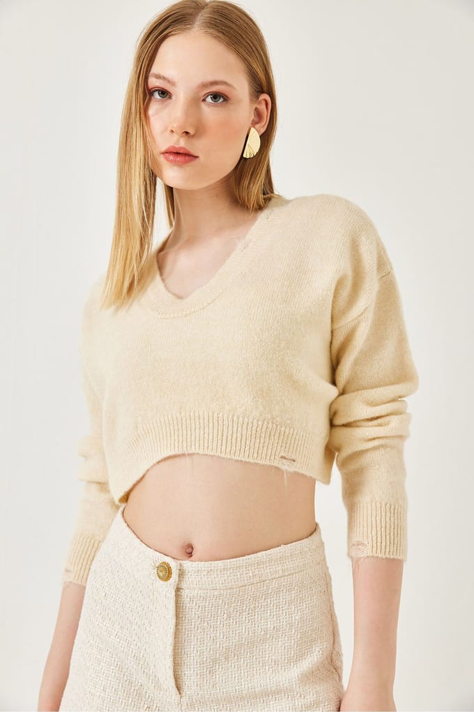 Gestructuurd V-Hals Losse Crop Brei Top