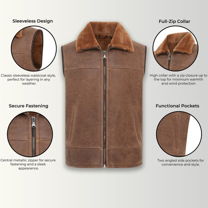 Heren Bruin Aviator Shearling Bomber Gilet - Ambler