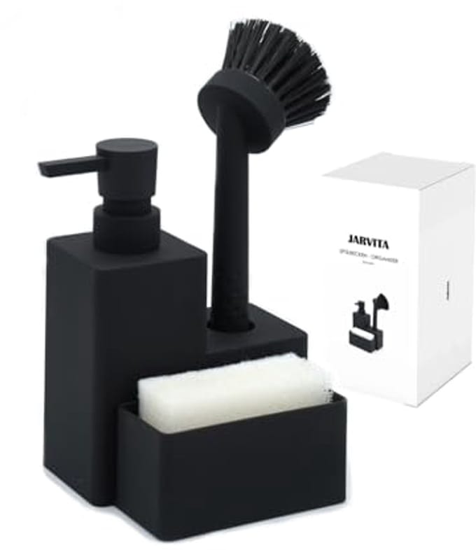 Zwarte spoelbak-organizer met dispenser, borstel en spons