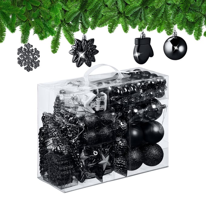 Kerstballen set van 100 - plastic - mat - glanzend - glitters - 10 designs - zwart