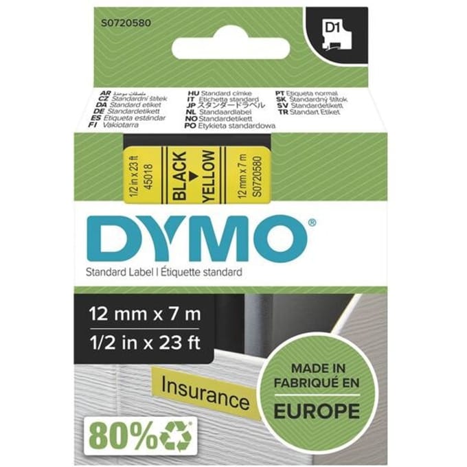 DYMO originele D1 labels | Zwarte Tekst op Geel Label | 12 mm x 7 m | Zelfklevende etiketten voor de LabelManager labelprinter | gemaakt in Europa