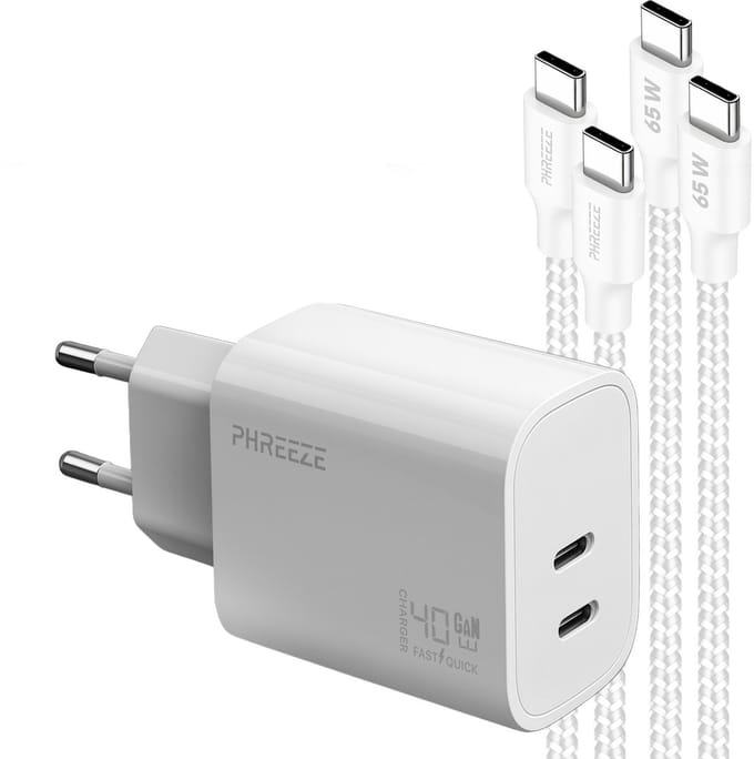 Phreeze usb C power adapter 40 W - Dual port GaN oplader met 2 usb C kabels - Snellader usb C - 1 meter