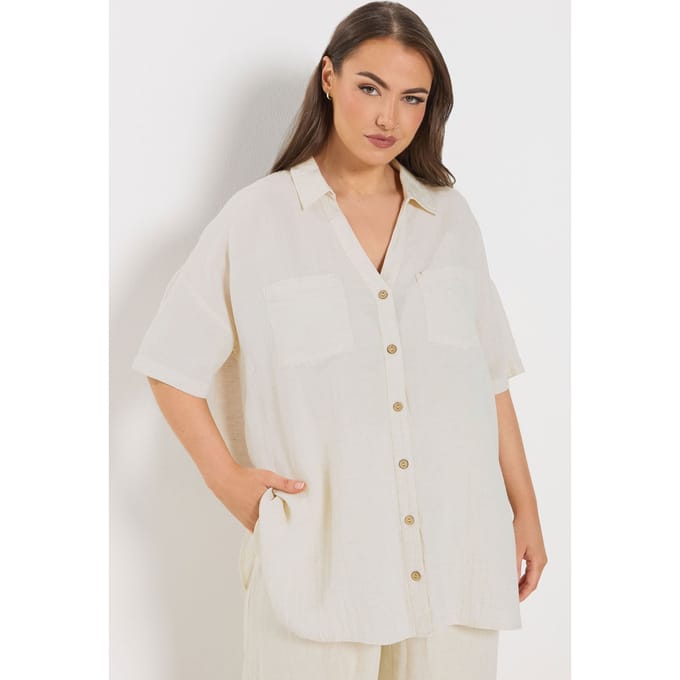Yours Naturelbruine Linnen Blouse Met Korte Mouwen Size 42