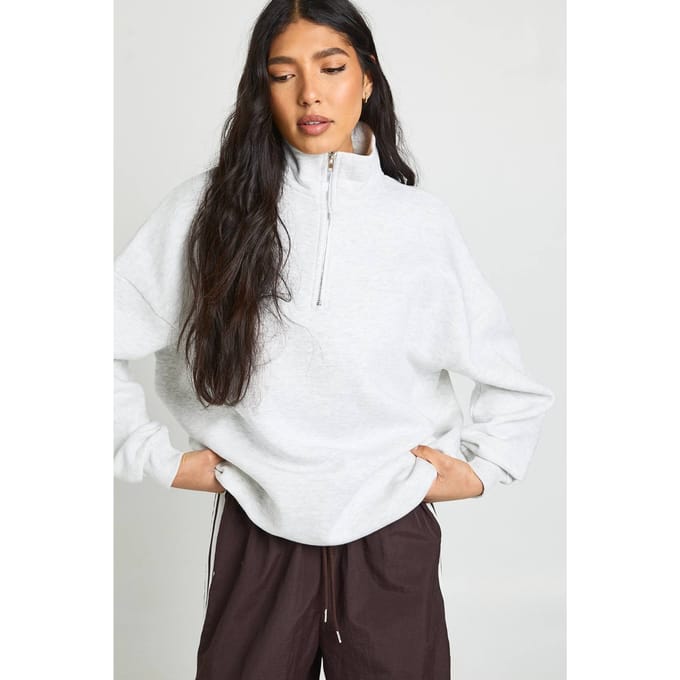 boohoo Dames Lange Oversized Halve Rits Sweatshirt | Grey Marl | Maat: 6