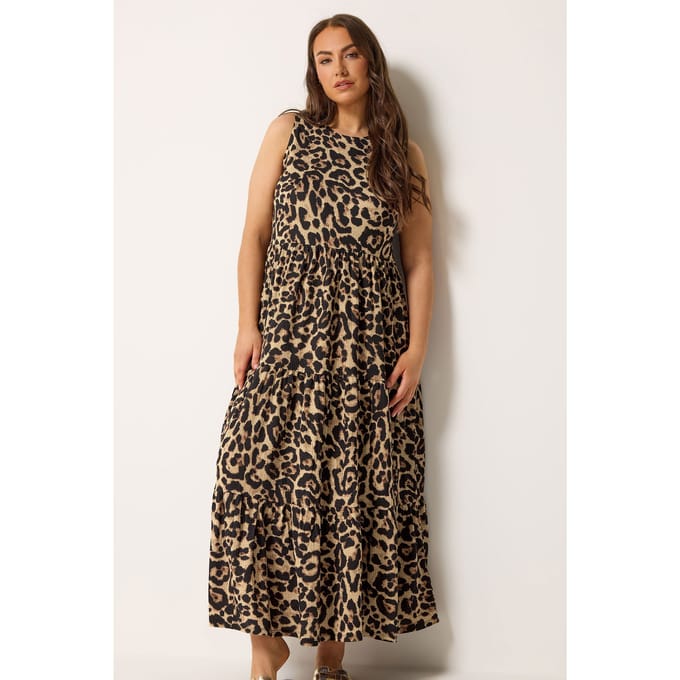 Yours Bruine Maxijurk Met Luipaardprint En Lagen Size 42