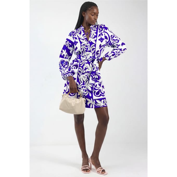 Bloemrijke V-hals Mini Hemdress met Ceintuur