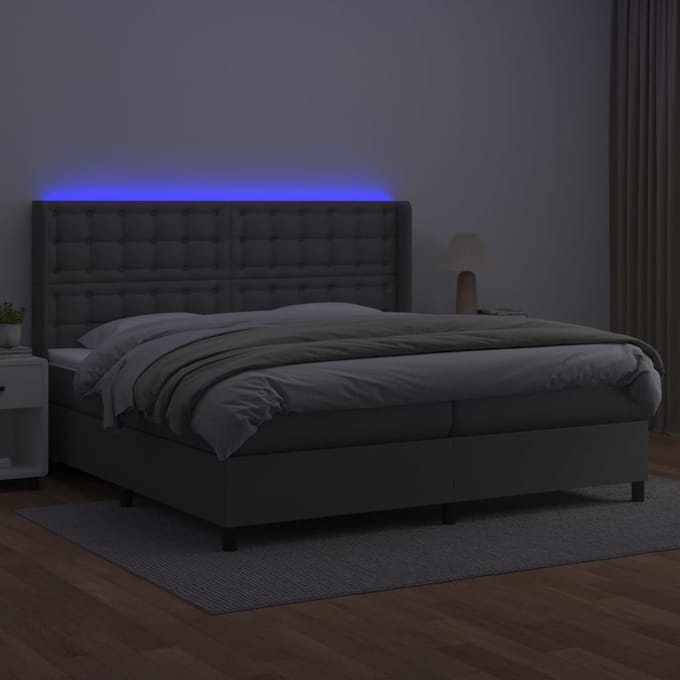 vidaXL - Boxspring - met - matras - en - LED - kunstleer - grijs - 200x200 - cm