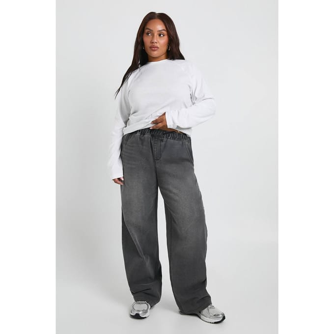 boohoo Dames Plus Jeans met elastische taille en wijde pijpen | Grijs | Maat: 46