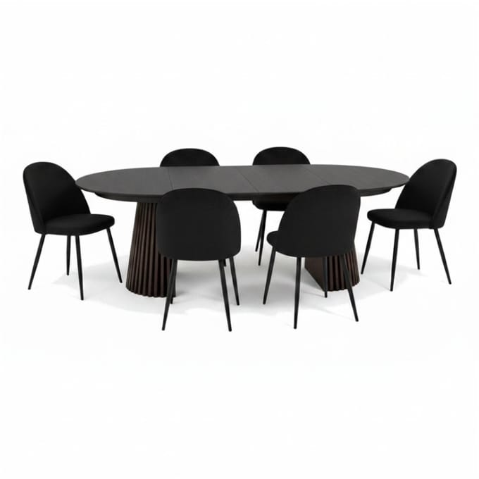 Tokyo eethoek eettafel zwart, 6 stoelen met zwarte velours bekleding.