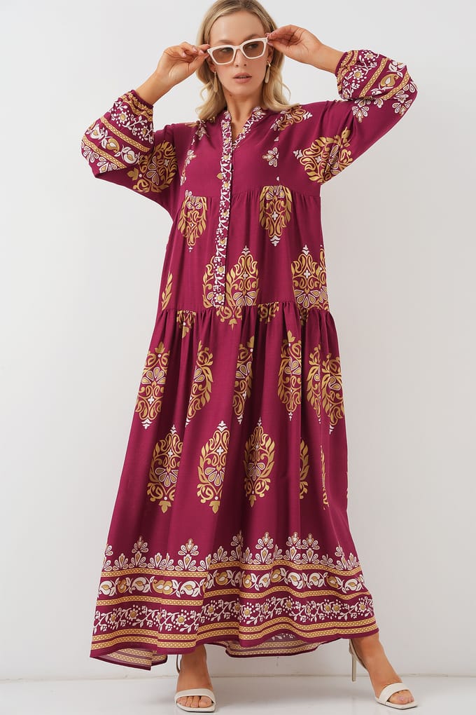 Gepatternde V-hals Maxi-jurk met knoopsluiting