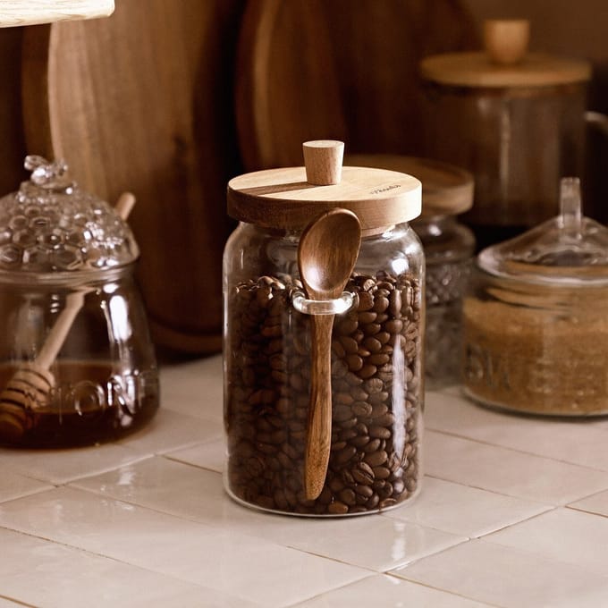 HOMLA - Glazen Container - 900 ml - Acacia Hout