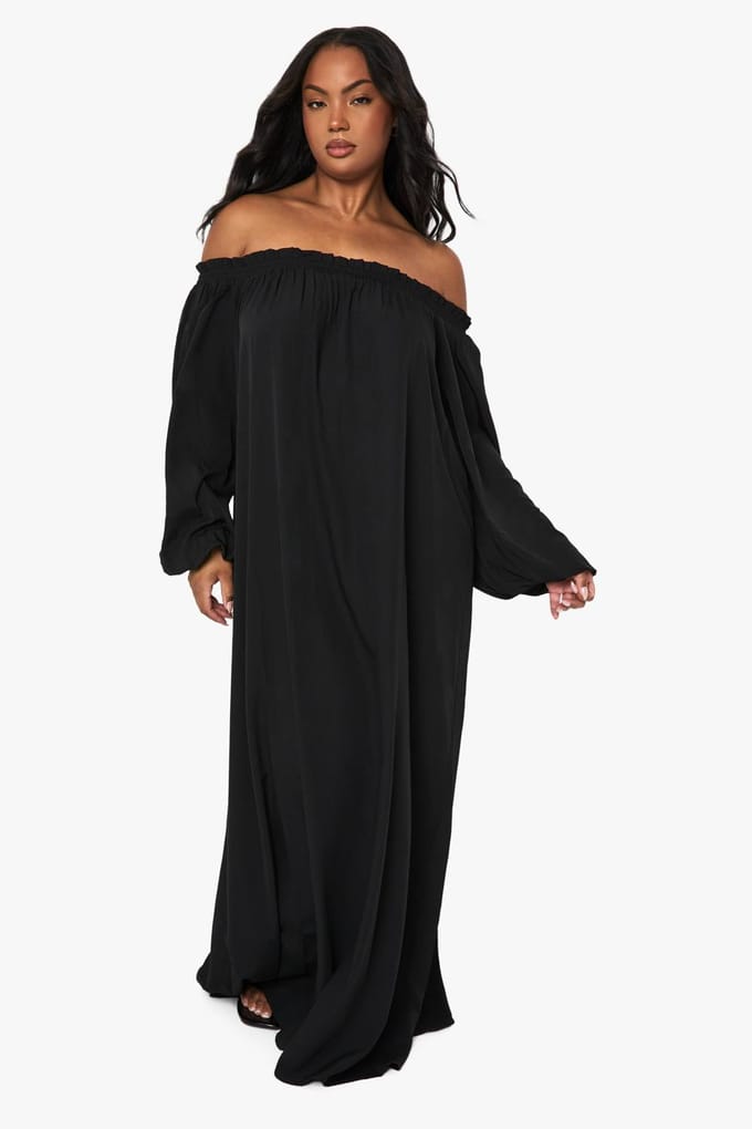 boohoo Dames PLUS GERAFFELDE POPLIN TOP MET PUFFMOUWEN | Black | Maat: 16