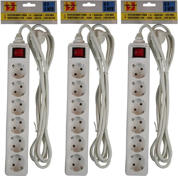 Benson stekkerdoos - 3x stuks - 6-voudig - wit - 3 meter - randaarde - schakelaar - verlengsnoer