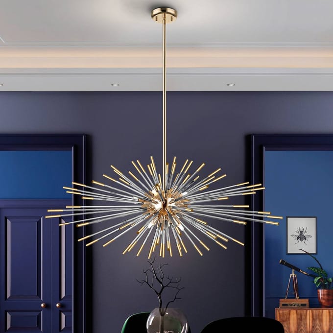 Schuller Valencia Evasion hanglamp, 9-lamps, goud, metaal, glas, Ø 100cm