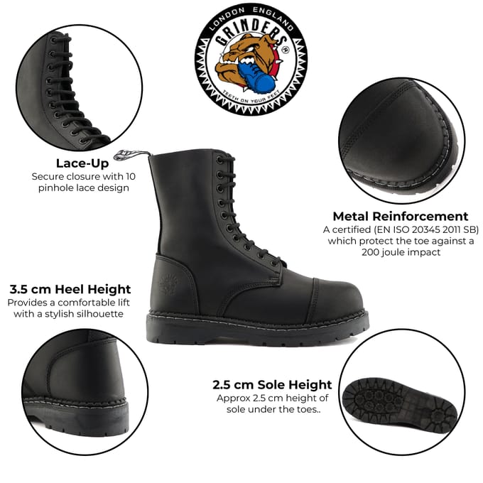 Grinders Unisex Zwarte Leren Stalen Neus Veterlaarzen - Stag ACS