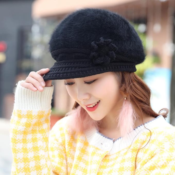 Bonnet d'hiver pour femme, bonnet tricoté en laine de canard, béret chaud noir