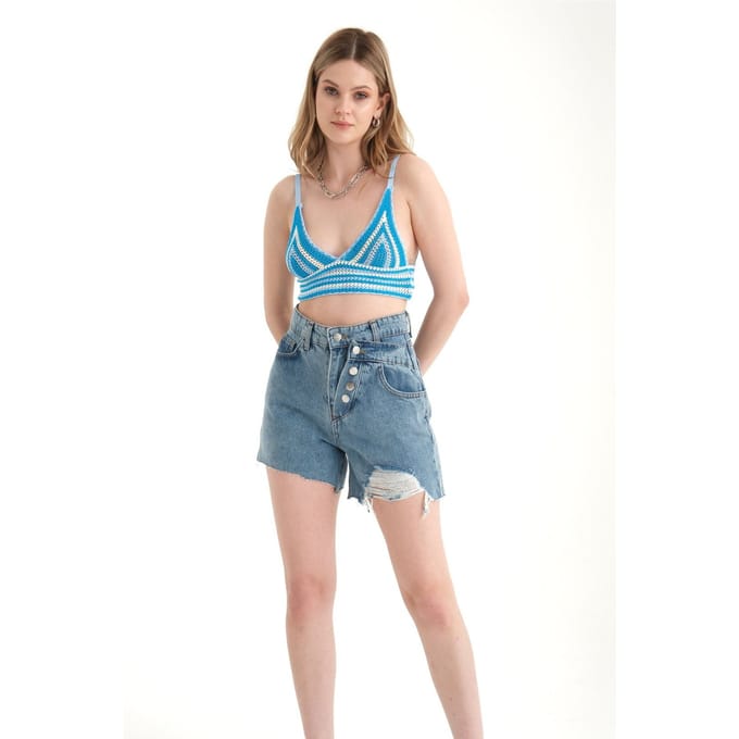 Gestreepte V-hals Gehaakte Crop Top