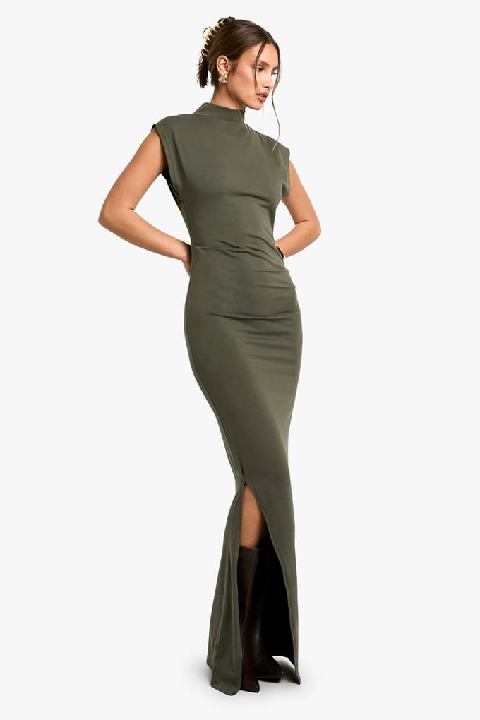 boohoo Dames Gerufte hoge hals midaxi jurk | Dark Olive | Maat: 18