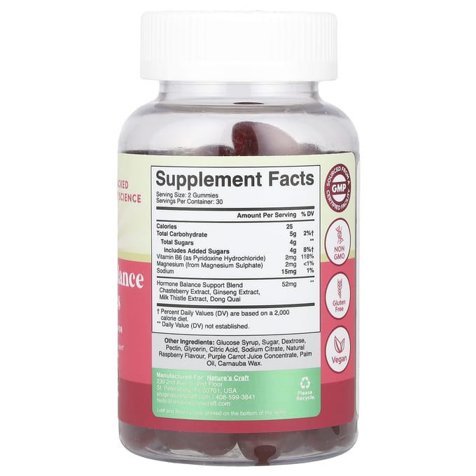 Nature's Craft, vrouwengezondheid, hormoonbalans gummies, framboos, 60 gummies