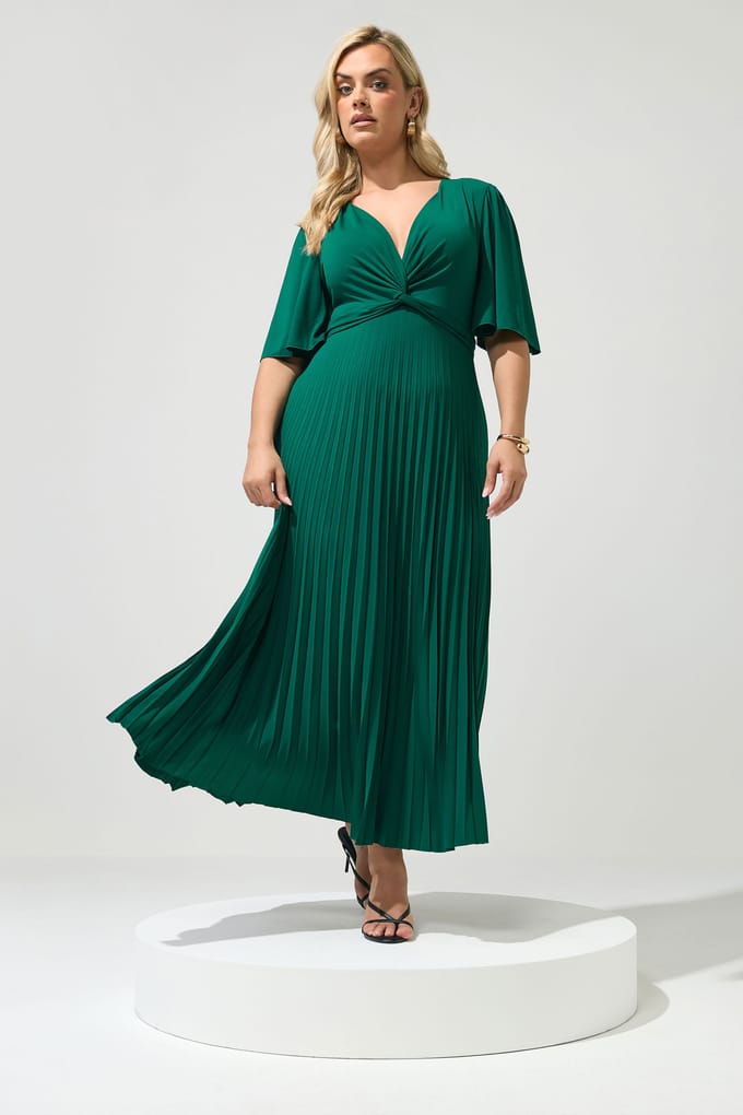 Yours London Smaragdgroene Geplooide Maxijurk Met Knoop Size 48