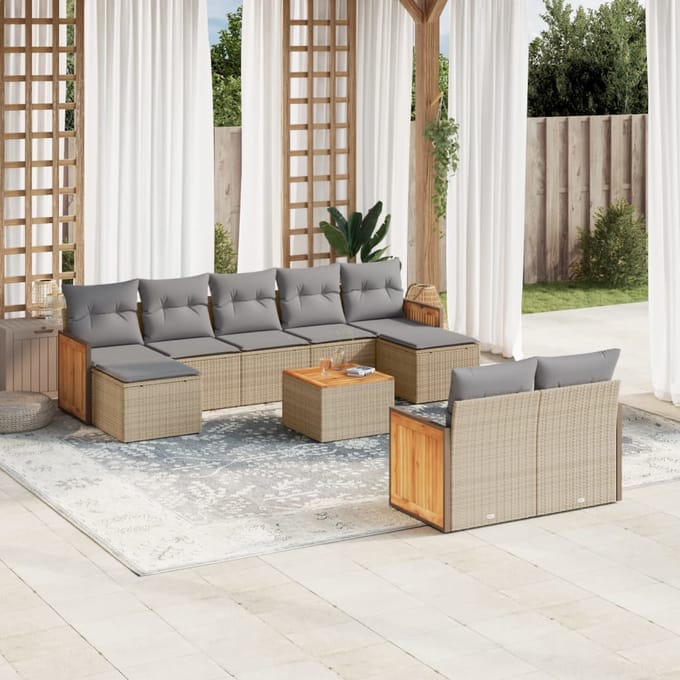 vidaXL - 10-delige - Loungeset - met - kussens - poly - rattan - beige