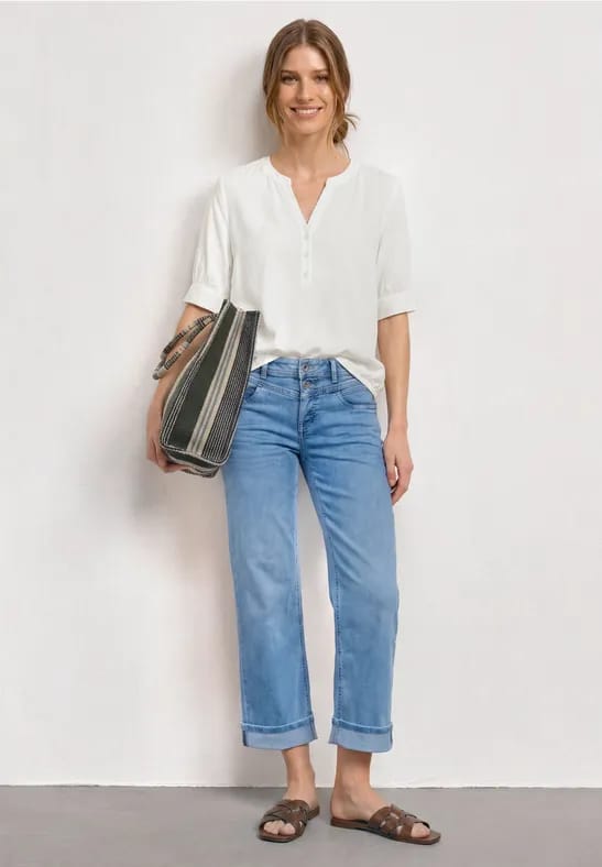 Blouse met korte mouwen, split in de hals en elastische zoom