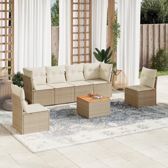 vidaXL - 7-delige - Loungeset - met - kussens - poly - rattan - beige