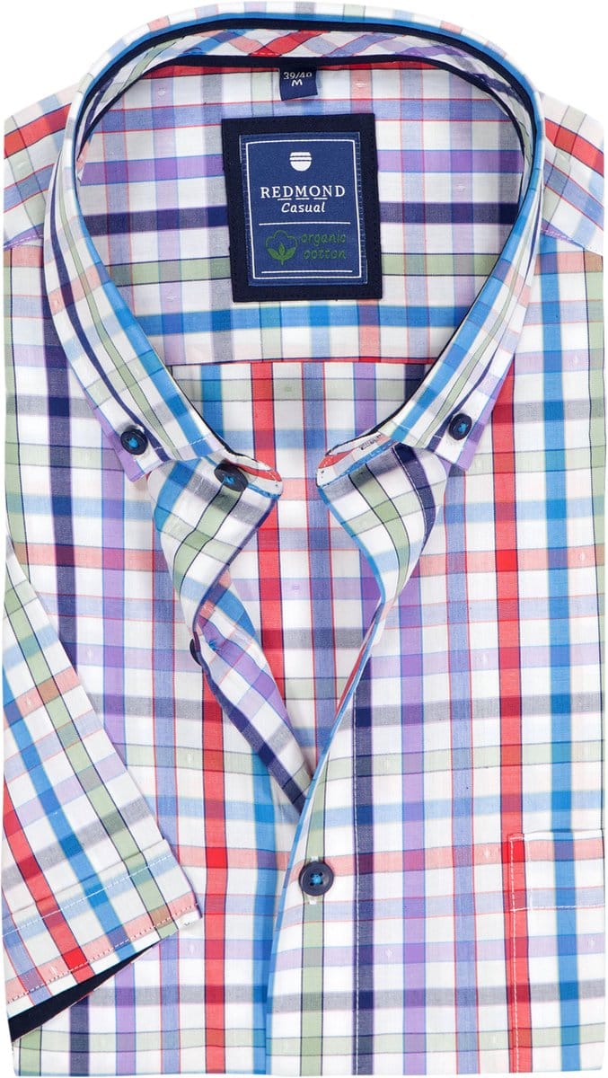 Redmond comfort fit overhemd - korte mouw - popeline - blauw geruit