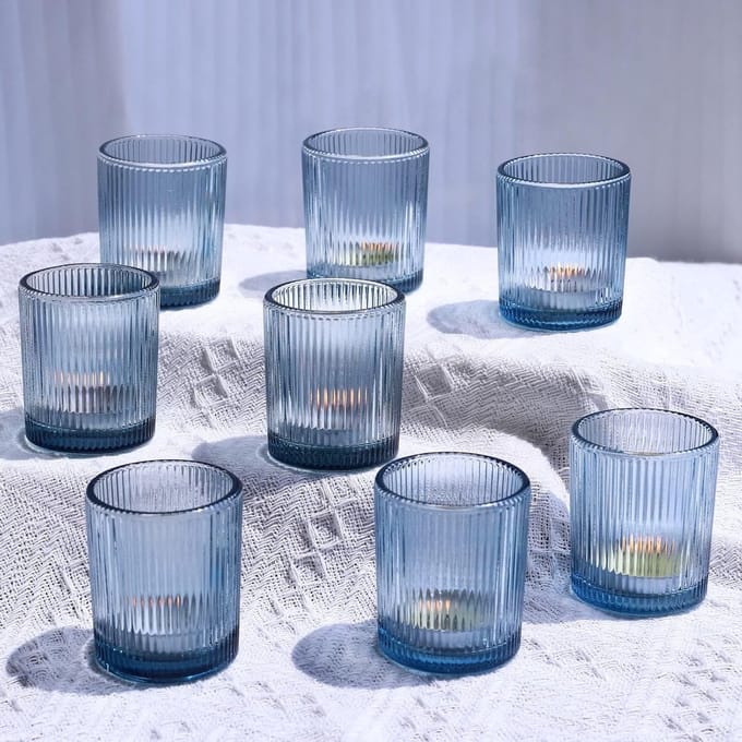Ribbelglas Theelichthouder Set van 12, Blauw Glas voor Tafelversiering, Perfect voor Bruiloften en Feestjes (5,5 cm L × 6,5 cm H)