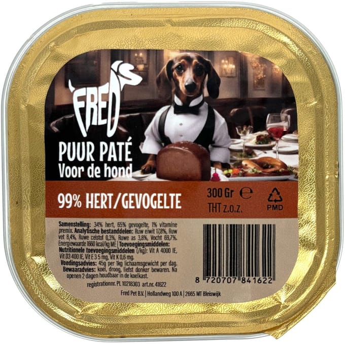 Freds kuipje hond puur hert / gevogelte - 9x300 gr