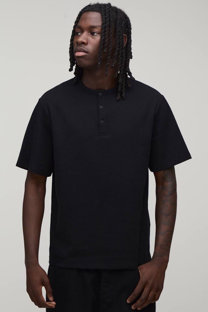 Regular Fit Waffle Henley T-Shirt | Black | Size 2XL