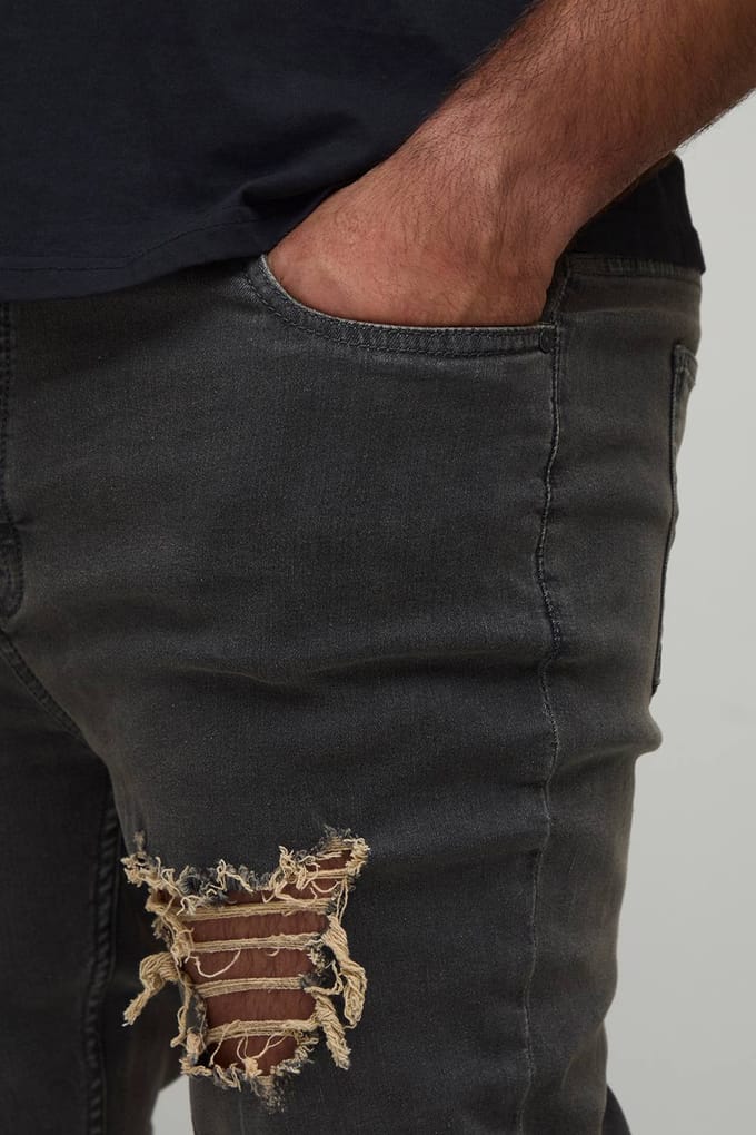 Plus Stacked Skinny Distressed Embroidered Gusset Jeans | Mid Grey | Size 54