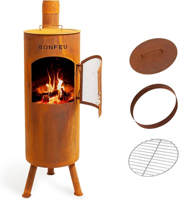 Multifunctionele Tuinhaard met Barbecue Rooster - Zwart en Roestkleurig