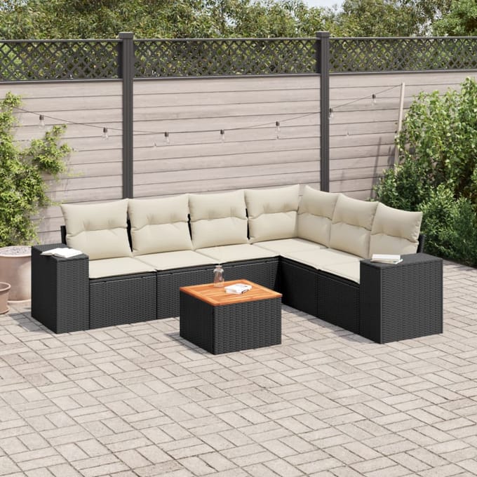 vidaXL - 7-delige - Loungeset - met - kussens - poly - rattan - zwart