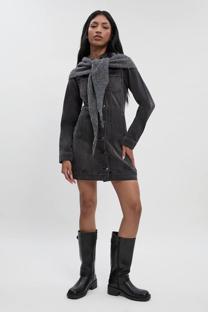 boohoo Dames Western Denim Minijurk | Washed Black | Maat: 12