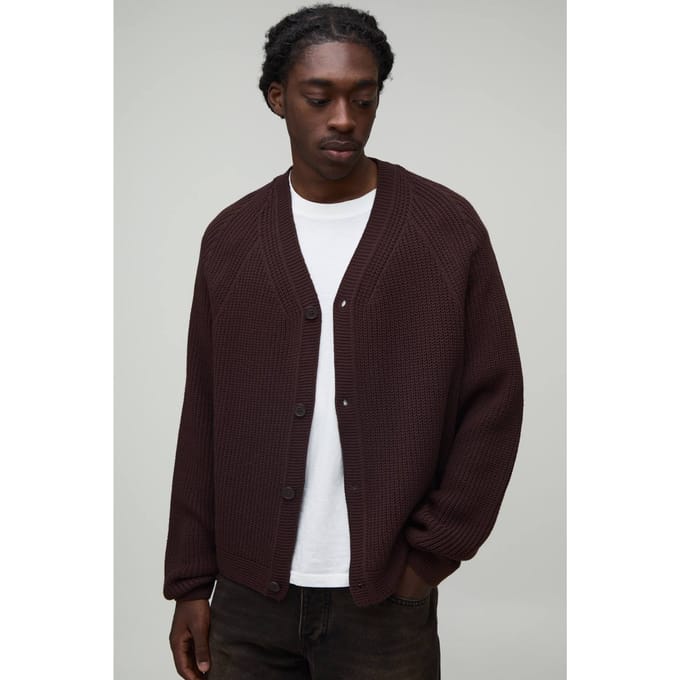 Ontspannen Ruim Geribbeld Raglan Gebreid Vest | Brown | Size XL