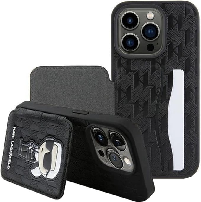 Karl - Lagerfeld - Saffiano Kaartslots en Stand Monogram Ikonik Patch case voor iPhone - 15 - Pro - Max - zwart