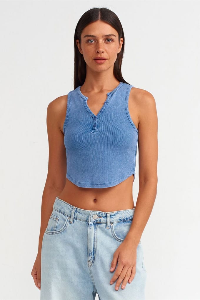Dames Geribbelde Crop Blouse met Knopen
