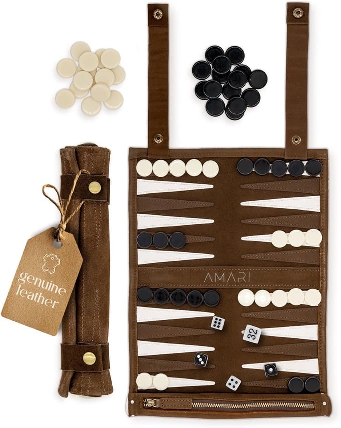 SnelShoppen - Travel Backgammon Spel van 100% Leer - Rolbaar en Compact - Hoogwaardige Backgammon Set voor Reizen, Vakantie en Thuis - Lichtgewicht en