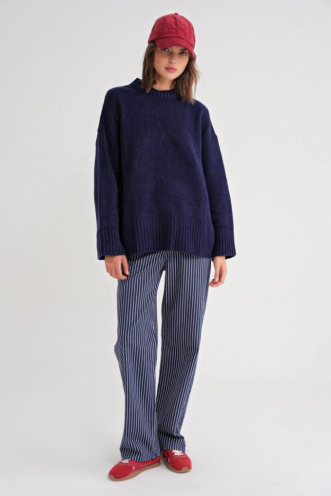 Oversized Geribde Gebreide Trui met Ronde Hals